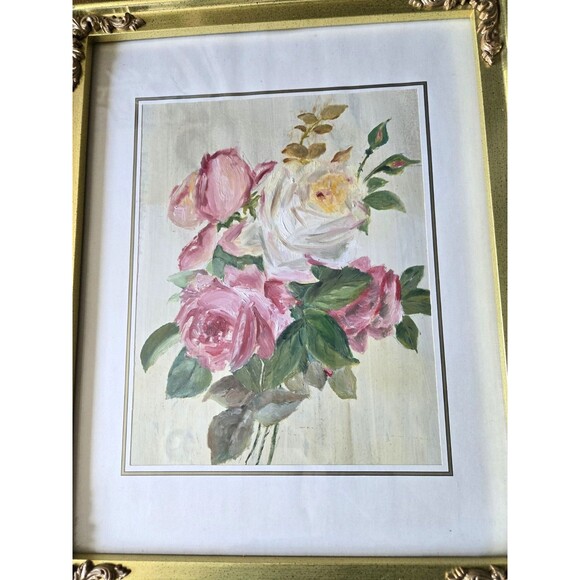 Original Art Floral Painting In Gold Frame 12" x 15", Vintage 1971 - Picture 2 of 7